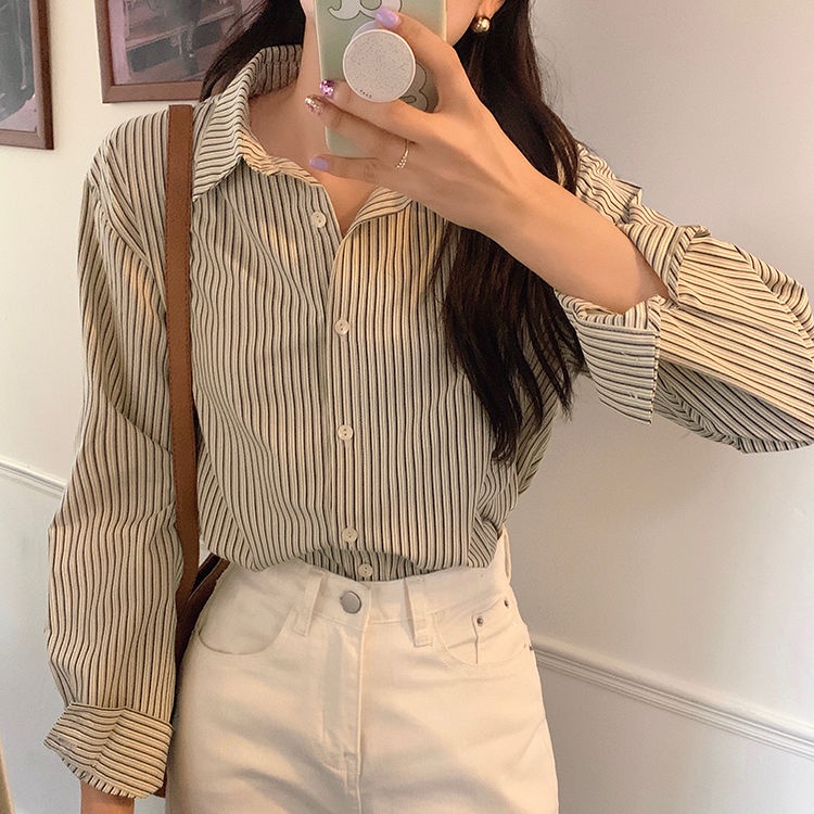 Áo sơ mi dài tay dáng rộng họa tiết sọc giản dị thời trang mùa thu 178325