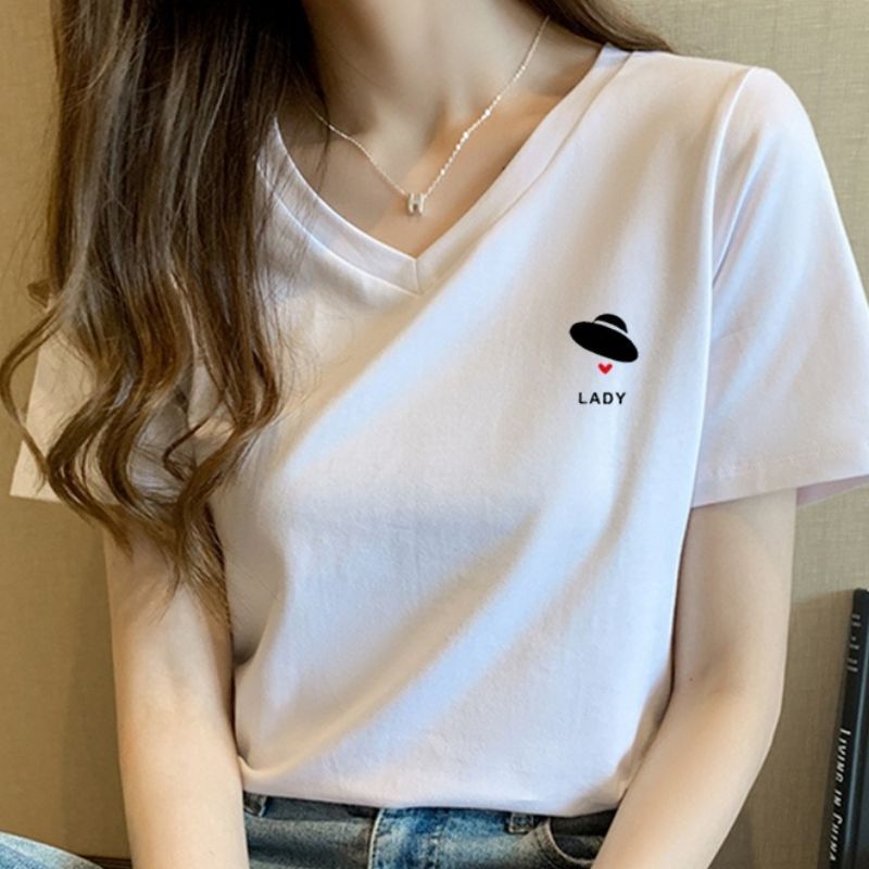 Cotton Summer V-neck Short-sleeved T-shirt Women's New Loose White Printing Bottoming Top