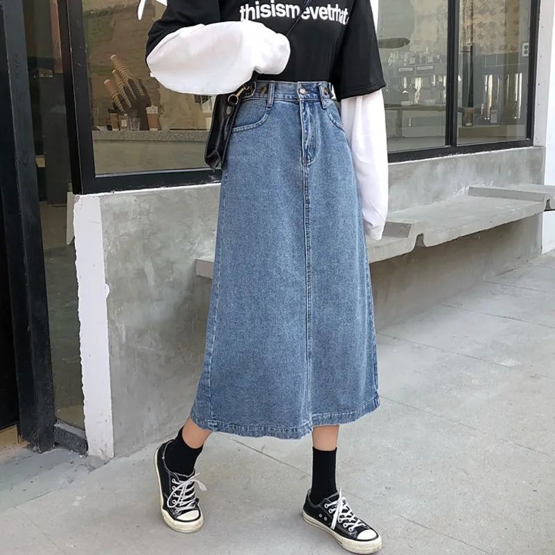 Chân váy chữ A dài vải denim mỏng dễ phối đồ thời trang mùa hè
