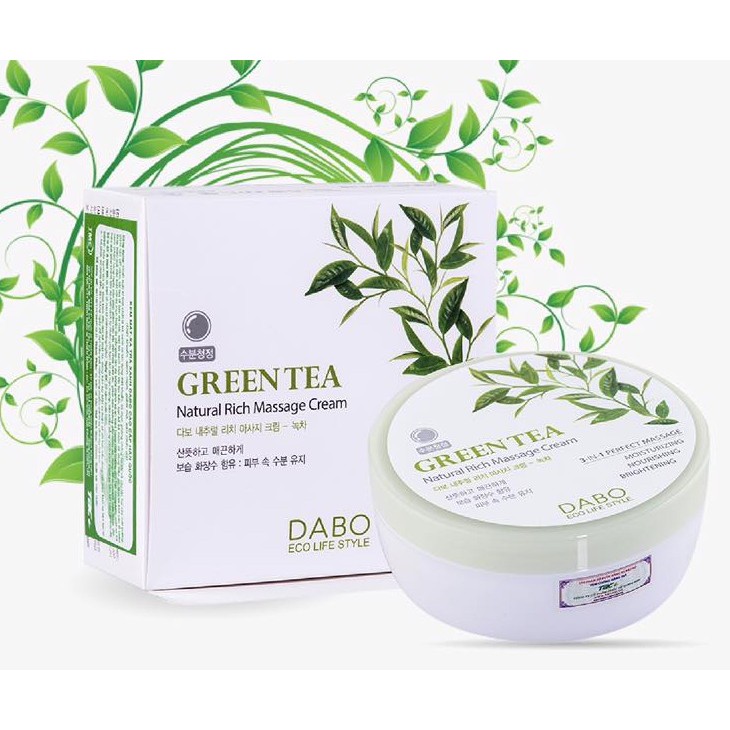 DABO Natural Rich Massage Cream Green Tea Hàn quốc 200ml/Hộp kem dưỡng da trà xanh trắng da, căng cơ ngừa mụn