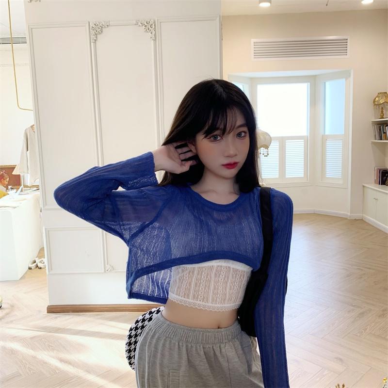 Áo Sweater Tay Dài Trong Suốt Nhẹ Nhàng Chống Nắng Thiết Kế Thân Ngắn Kiểu Nước Ngoài