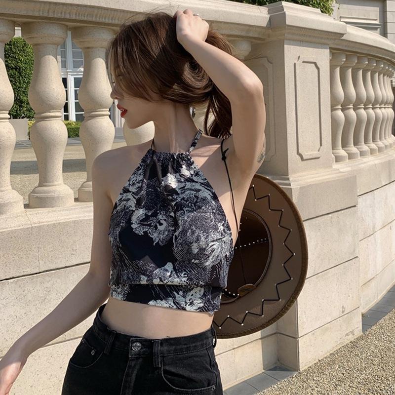 Áo Lửng Hai Dây Họa Tiết Retro Quyến Rũ Cho Nữ