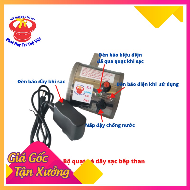 Quạt gió bếp than TRÍ VIỆT loại sạc điện sạc 2h sài được 4h mẩu mới pin lithium dung lượng cao thay thế dễ dàng