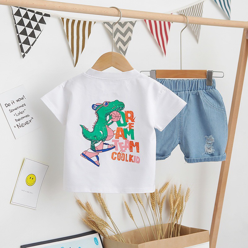 8-19kg Set áo phông khủng long + quần bò cho bé trai cực chất