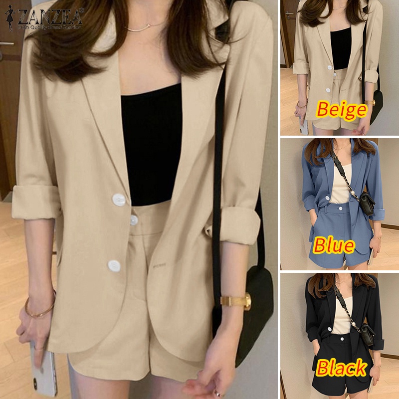 Set đồ ZANZEA gồm áo khoác blazer dài tay cổ bẻ + quần short lưng cao ống rộng thời trang nữ