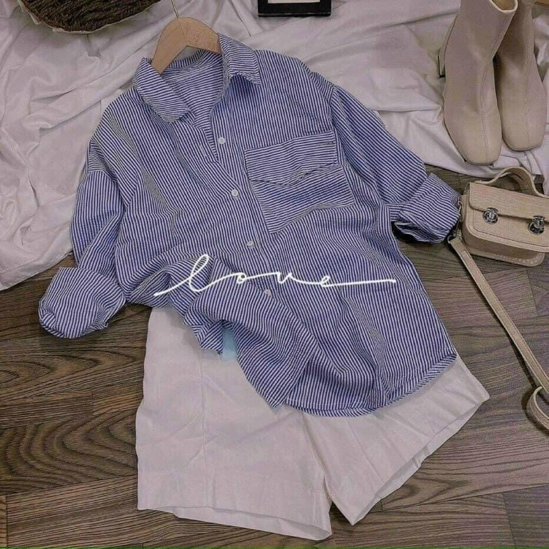 SET SƠ MI SỌC XANH TÚI NHỌN SHORT TRẮNG