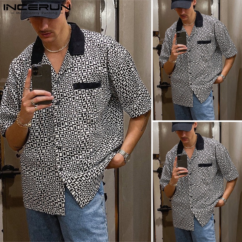 Áo sơ mi INCERUN ngắn tay dáng rộng họa tiết hoa phong cách vintage cho nam