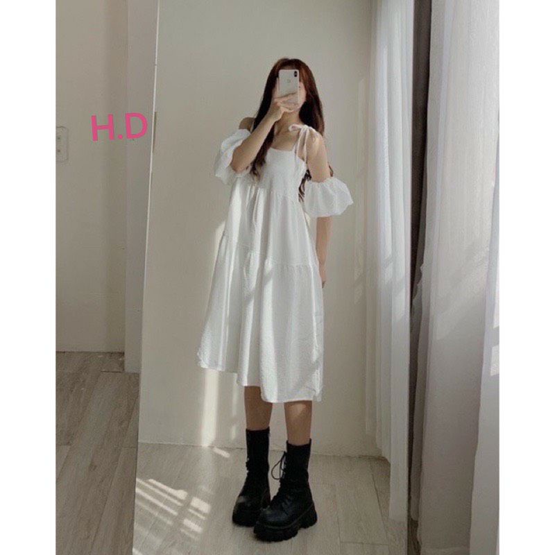 Váy hai dây babydoll  2 lớp có tay tháo rời mặc 4 kiểu🎀Đầm Maxi đi biển dáng dài Vintage tiểu thư
