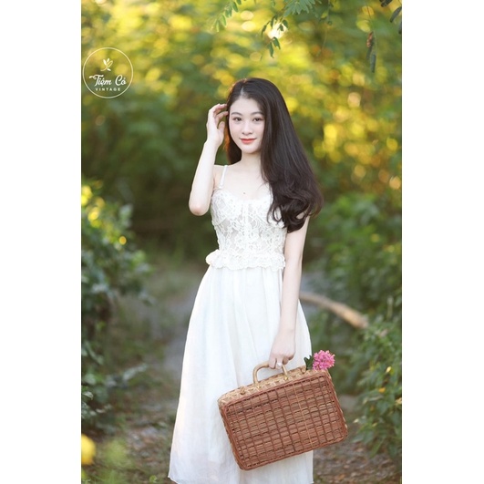 áo ren 2 dây đan lưng + chân váy voan (ảnh thật khách mặc)