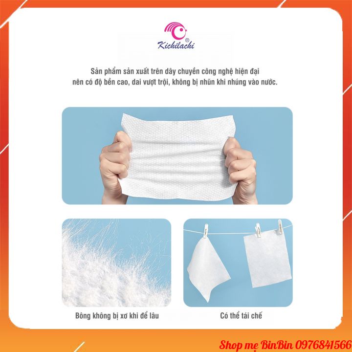 Khăn vải khô đa năng cao cấp Kichi làm từ sợi bông vải siêu sạch tiệt trùng trắng, mềm mại an toàn cho bé (Gói 100 Tờ)