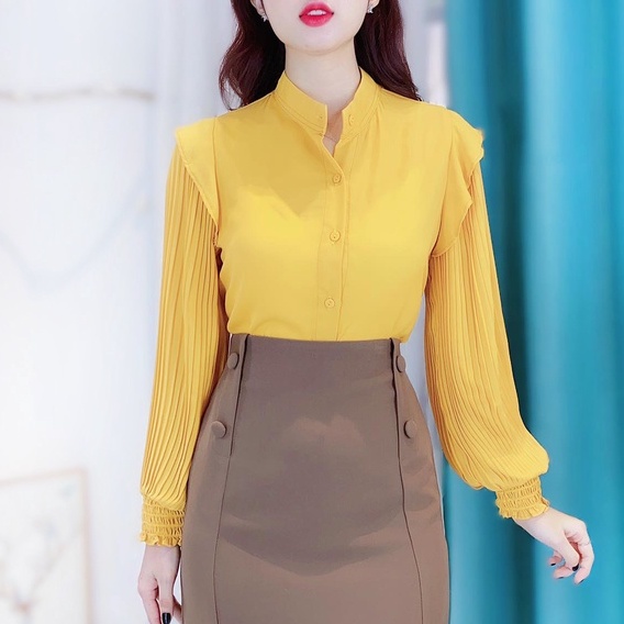 Áo sơ mi nữ xếp li tay dài cổ trụ công sở CHUU A6843