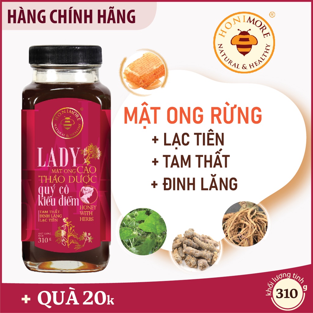 Mật Ong Cao thảo Dược Honimore Lady chai 310g - Bổ Máu, Ngủ Ngon