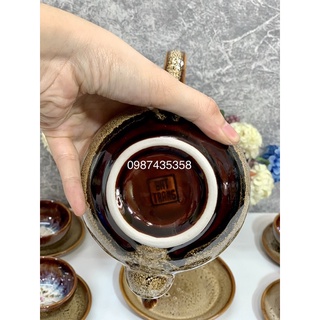 Ấm chén hoả biến gấm hoa nở gốm Bát Tràng