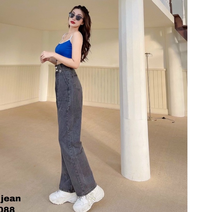 [ VIDEO+FREESHIP ] QUẦN JEAN ỐNG RỘNG NỮ LƯNG CAO 2 NÚT 2 TÚI TRƯỚC ĐĨA TO MÀU XÁM NHẠT LAI CUỐN MỀM MỊN MÁT BỀN BỈ NITI