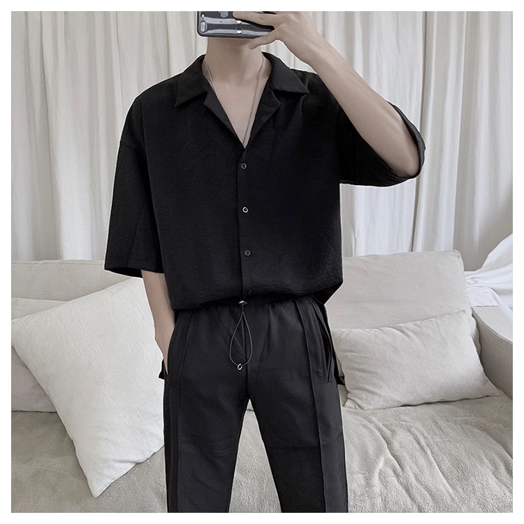 Áo sơ mi ngắn tay cổ vest nam nữ áo sơ mi cộc tay form rộng áo sơ mi unisex 3 màu Đen Trắng Be | BigBuy360 - bigbuy360.vn