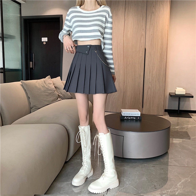 Chân váy RENJIANVSHENG 164714 xếp ly cạp cao dáng chữ A màu trơn phong cách Hàn Quốc thời trang