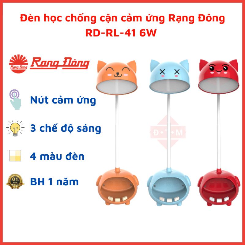 Đèn Học Để Bàn Chống Cận Rạng Đông - Đèn Bàn Cảm Ứng 3 Chế Độ Sáng, 4 Chế Độ Màu - Model  RD-RL-41 6W - Bảo Hành 1 Năm