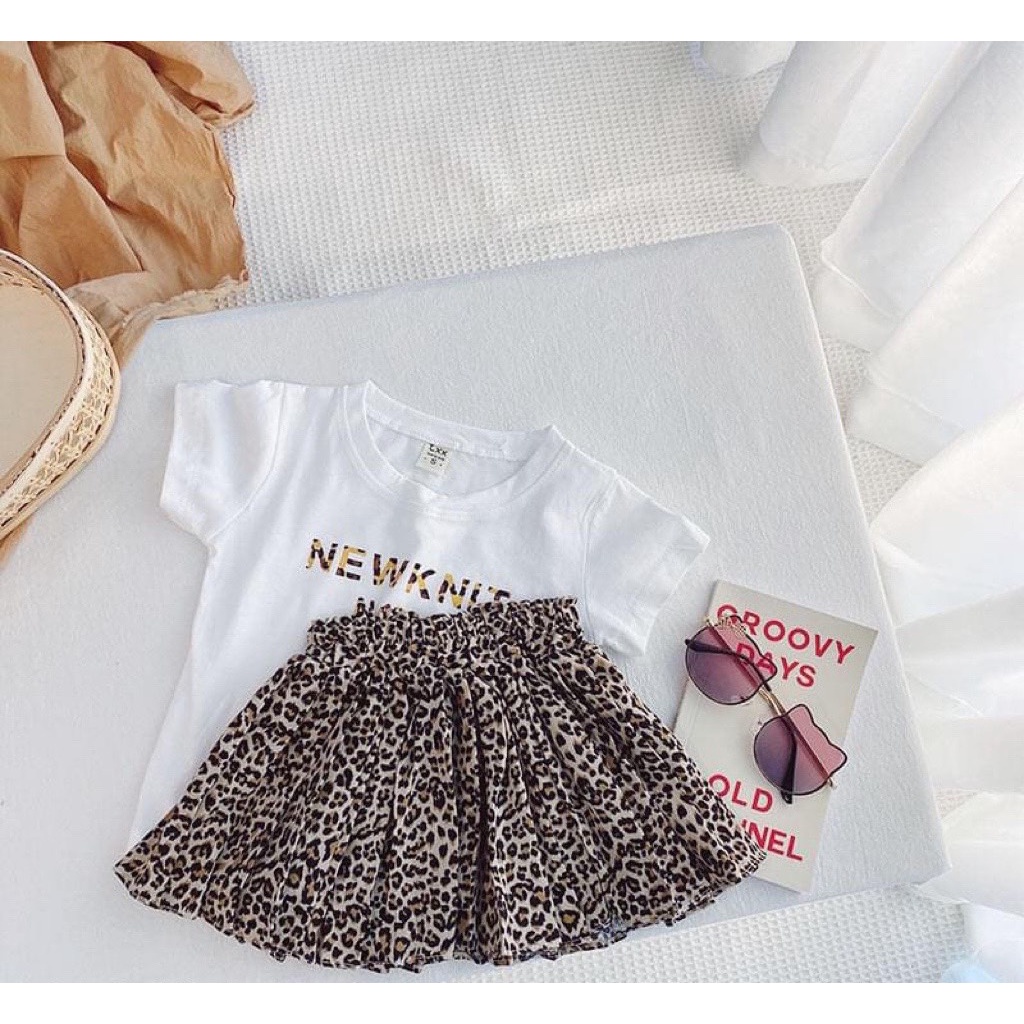 VAY38 - Váy bé gái, Sét váy áo cho bé gái, chân váy báo nâu + áo thun cotton trắng, từ 8-21kg