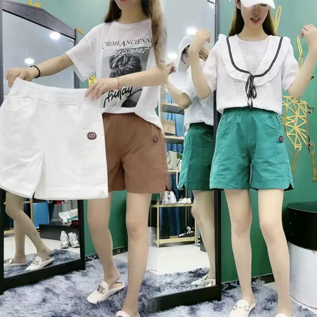 Quần đùi nữ túi ngang chất KAKI cạp chun phong cách hàn quốc  mác da loại 1