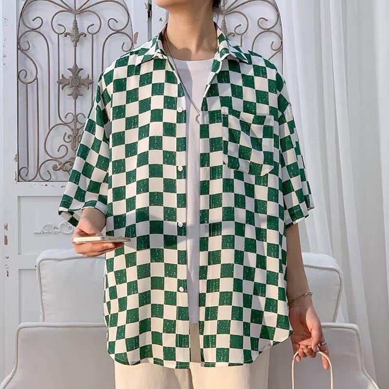 Áo Sơmi Tay Lở Unisex Caro Có Túi