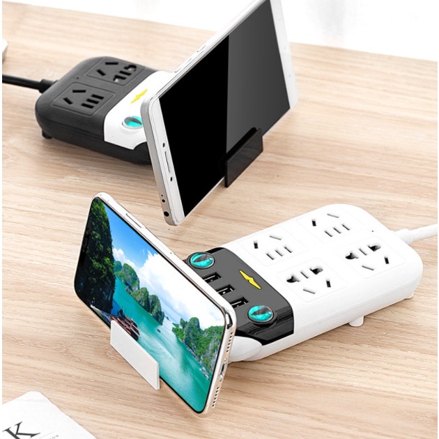 Ổ Cắm Điện Đa Năng Thông Minh Dán Tường Hình Mèo Cute 3 Cổng USB Chống Giật Cao Cấp Dây Dài 1.8m