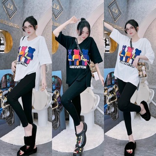 Set bộ đồ nữ áo thun gấu phối quần legging dài form rộng