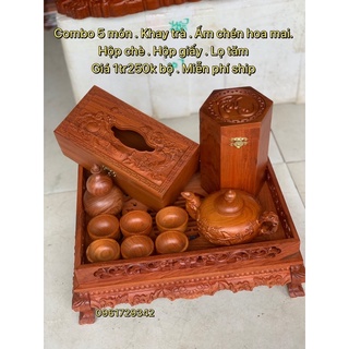 Bộ Khay trà ấm chén gỗ hương 5 món