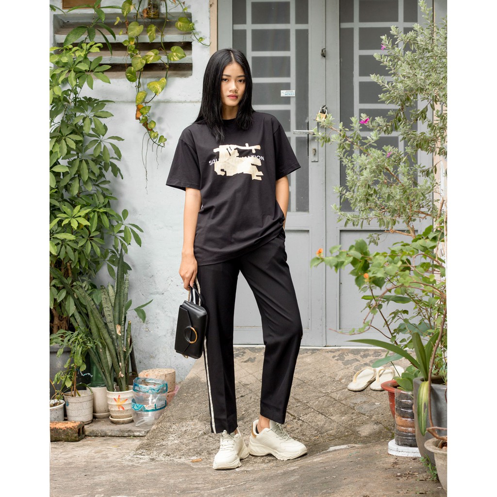 Quần tây nữ ống suông lưng cao, form đứng năng động, chất liệu Cotton cao cấp mềm mịn thoáng mát - Đen phối sọc kem | BigBuy360 - bigbuy360.vn