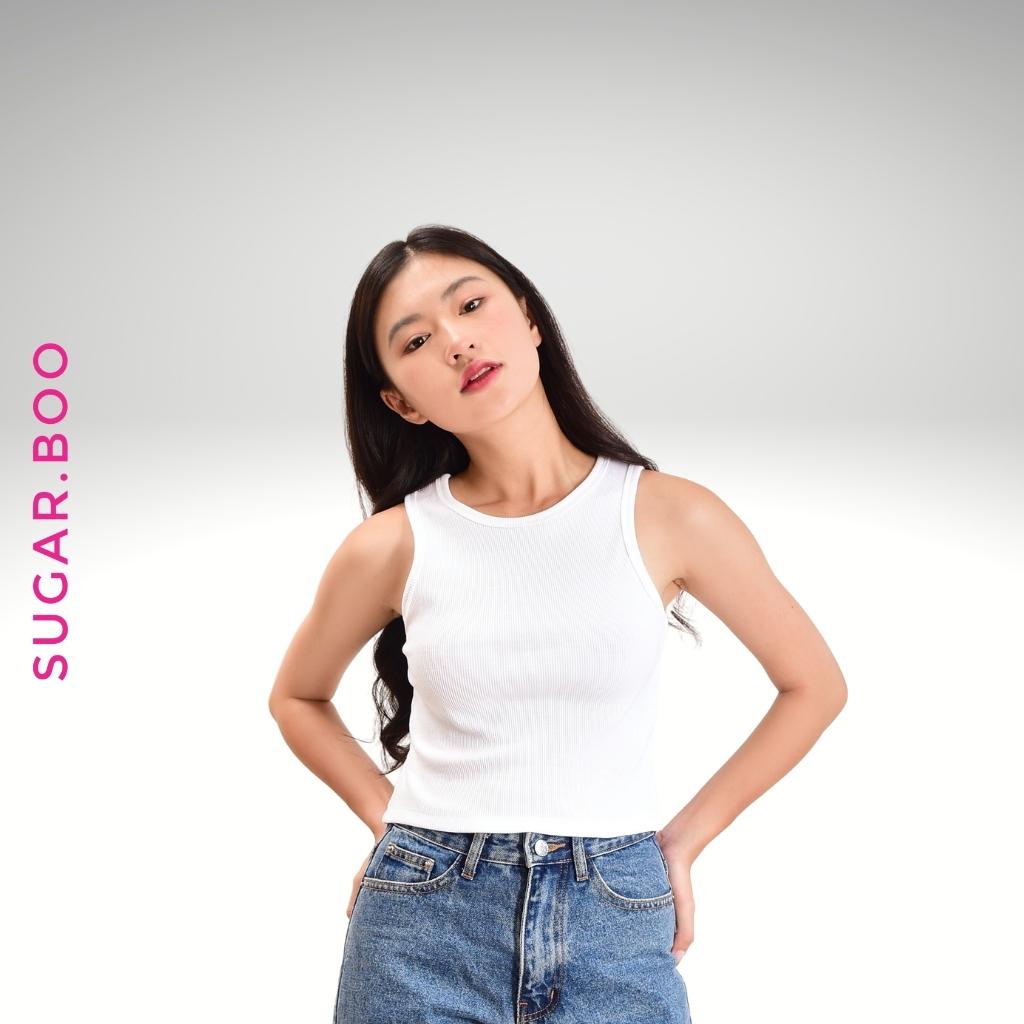 Áo croptop Sugar.Boo ba lỗ nữ cổ cao sát nách form ôm body tank top dáng ngắn vải thun cotton co giãn tốt màu trắng. M3T