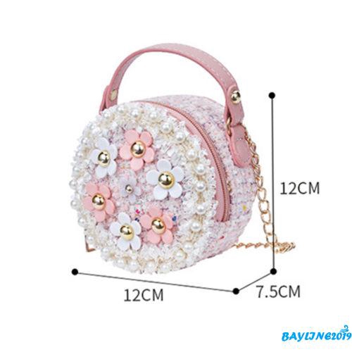 Túi xách đeo chéo vai hình tròn đính ngọc trai họa tiết hoa nhỏ xinh cho bé gái