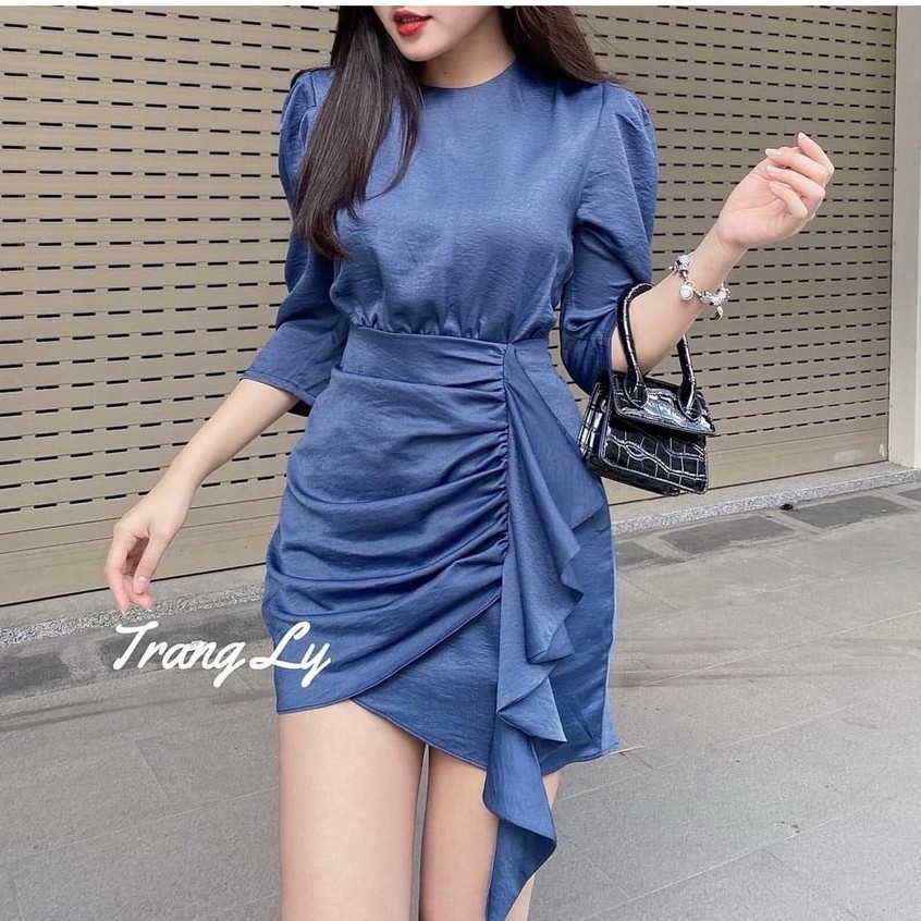 đầm thiết kế cổ tròn tay lỡ nhún eo bèo bên chất liệu nhung gấm cao cấp