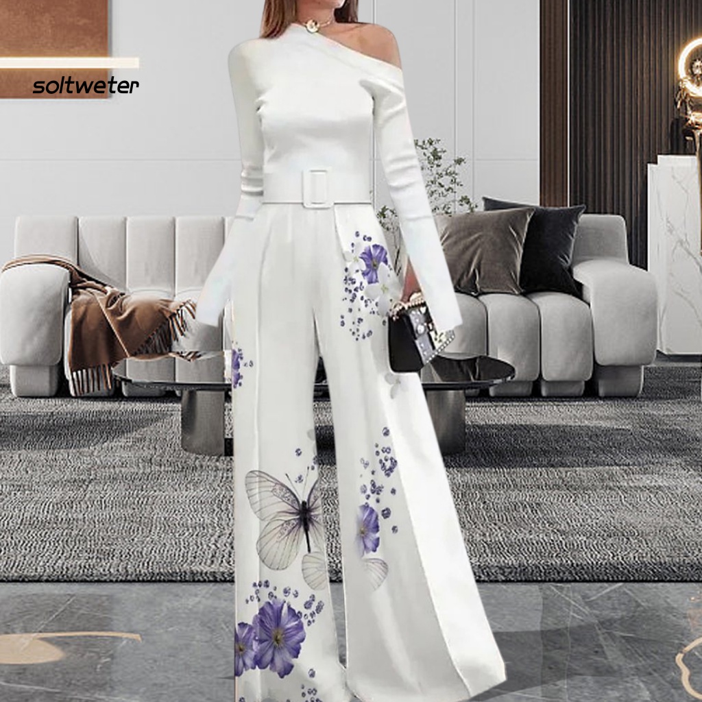 St Bộ Áo Liền Quần Ống Rộng Cổ Xiên Trang Trọng Dễ Phối Đồ Cho Nữ