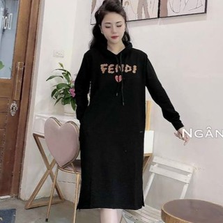 váy suông dài tay có mũ in chữ fen năng động