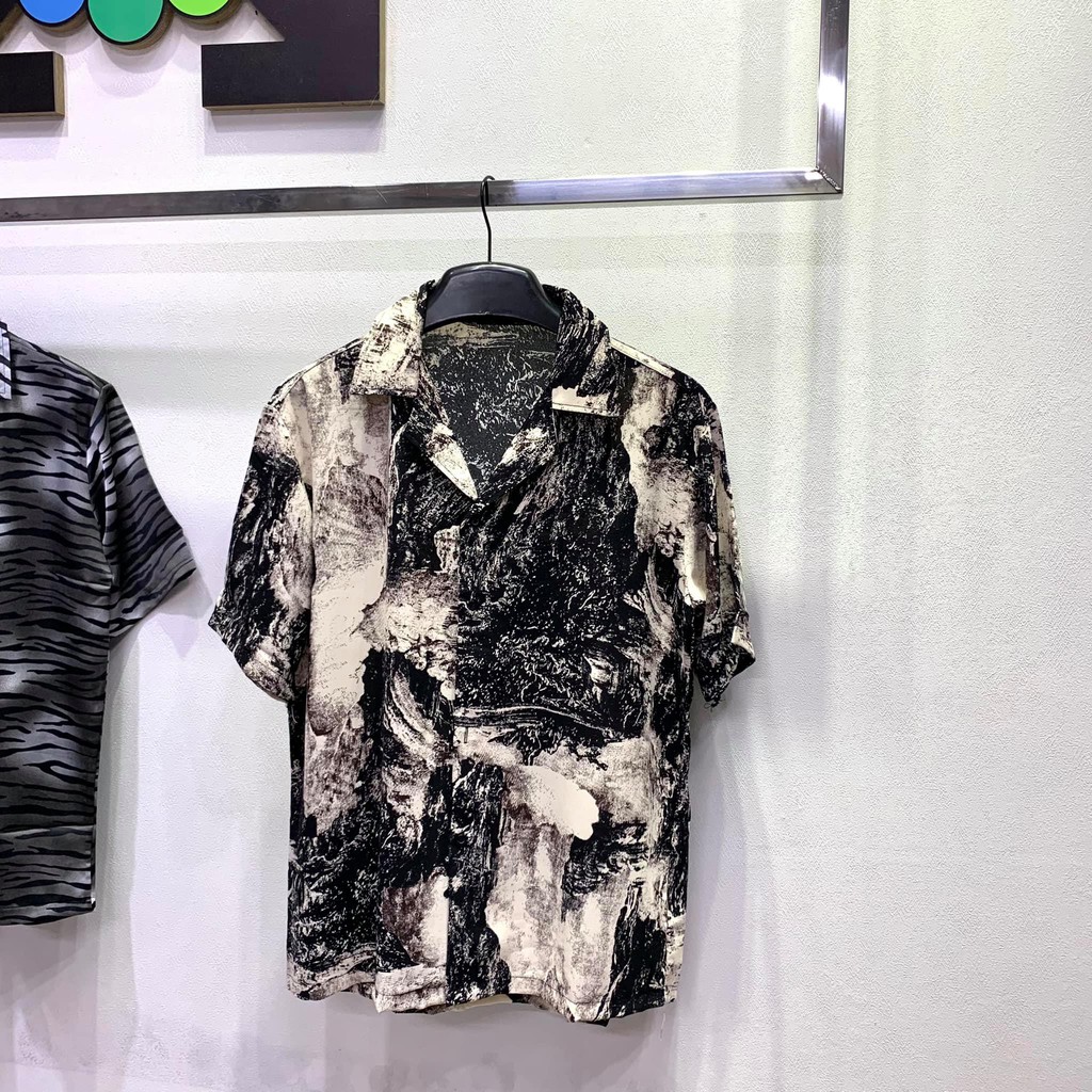 Áo sơ mi tay ngắn hoạ tiết vải lụa mango áo cuban shirt ngắn tay cổ vest mùa hè | BigBuy360 - bigbuy360.vn