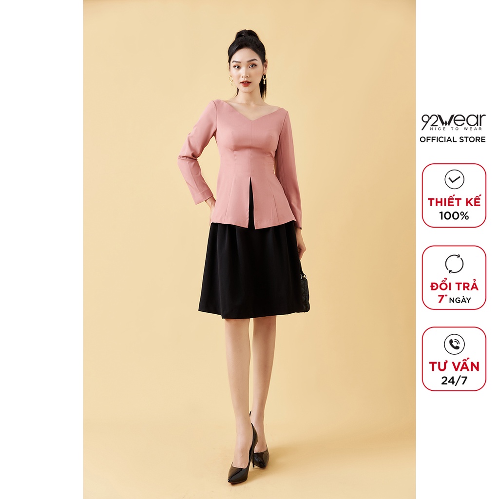 Áo sơ mi nữ dài tay xẻ tà 92WEAR, kiểu dáng peplum thanh lịch, tôn dáng ASA1832