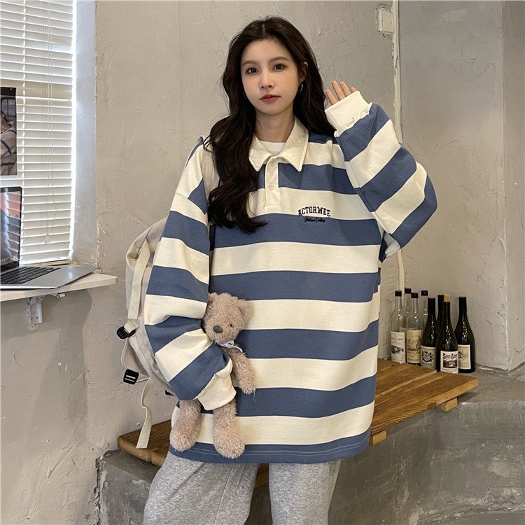 Áo Thun POLO Họa Tiết Kẻ Sọc Thêu Chữ Phong Cách Hàn Quốc Thời Trang Mùa Thu Cho Nữ