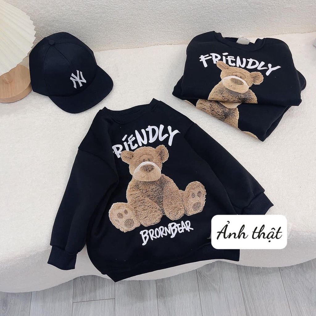 Áo bé gái nỉ cổ tròn sweater hoodie in hình gấu Teddy tặng kèm mũ lưỡi trai cao cấp