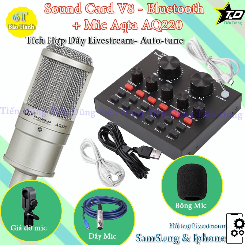 Mic thu âm Aqta AQ220 và SoundCard V8 Auto-tune Dòng Tiếng Anh - Trọn Bộ Mic Livestream đã Có Thể Ghi Âm và Karaok