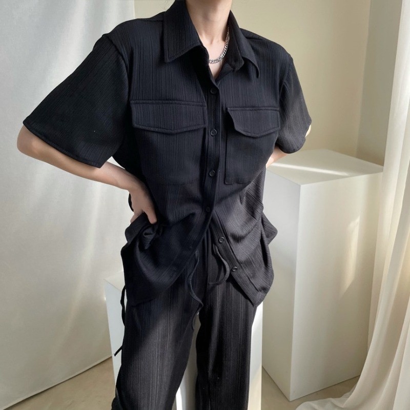 Nannshot Sister 😘Set áo khoác ngắn tay cổ bẻ + quần dài lưng cao ống rộng phong cách retro
