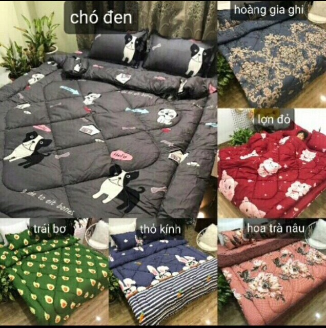 Trọn bộ 5 món ga gối chăn phao poly cotton có ruột bông dầy chuẩn hàng đẹp