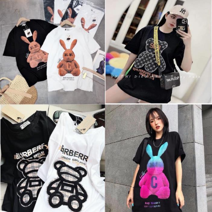 Áo Phông Nữ Form Rộng Dáng Unisex, Áo Thun Tay Lỡ Freesize Chất Cotton Co Dãn 4 Chiều Hình Gấu ྇