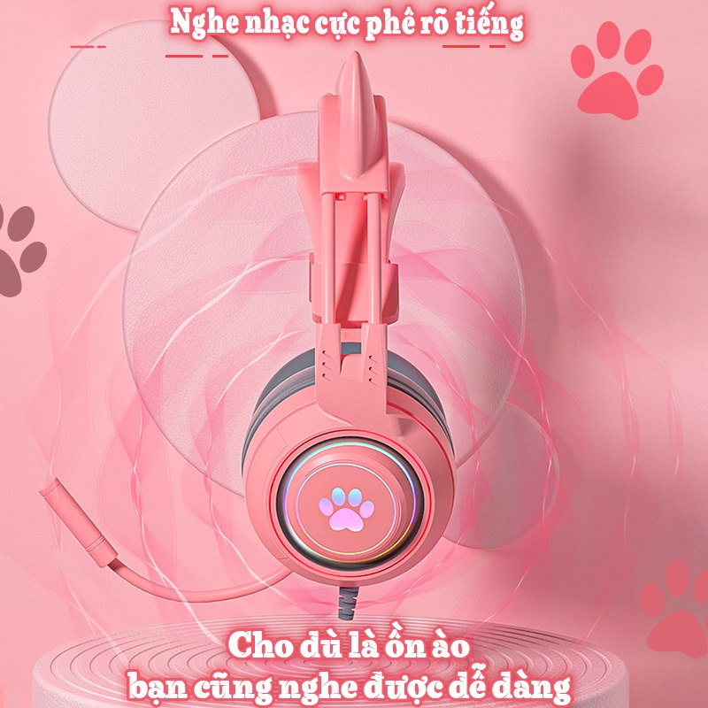 Tai nghe mèo chụp tai có dây, tai nghe gaming có micro siêu dễ thương sử dụng điện thoại và máy tính học online giải trí