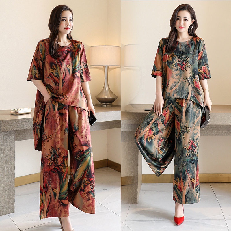 Plus Bộ Áo Ngắn Tay Dáng Rộng In Họa Tiết Retro + Quần Ống Rộng Xinh Xắn Dành Cho Nữ