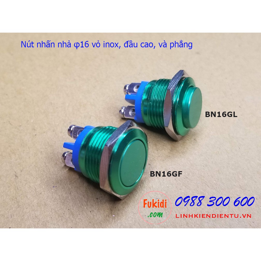 Nút nhấn nhả phi 16mm vỏ inox chống thấm, vỏ nhiều màu sắc - BN16DL, BN16DF