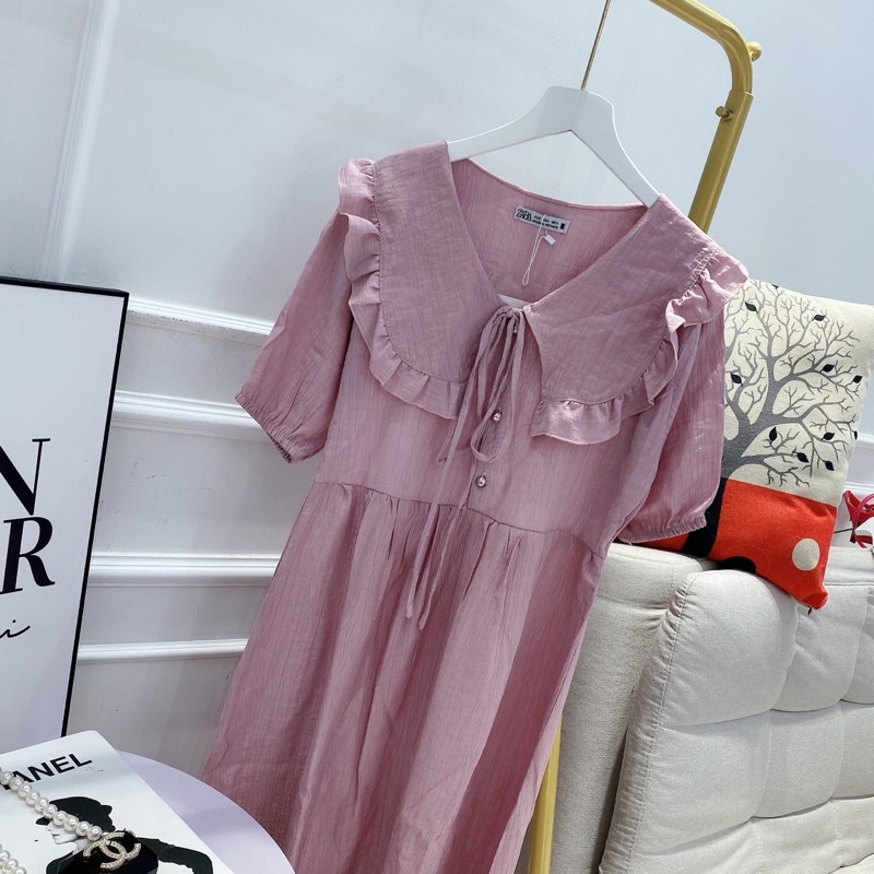 Váy tím đũi xước cổ sen bèo buộc dây cúc ngọc dáng xòe, đầm đũi suông dài dáng xòe màu tím xinh