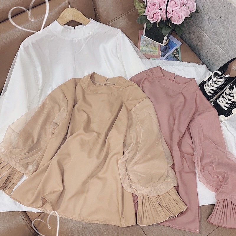 ÁO KIỂU 3 MÀU PHỐI LƯỚI TAY XOÈ