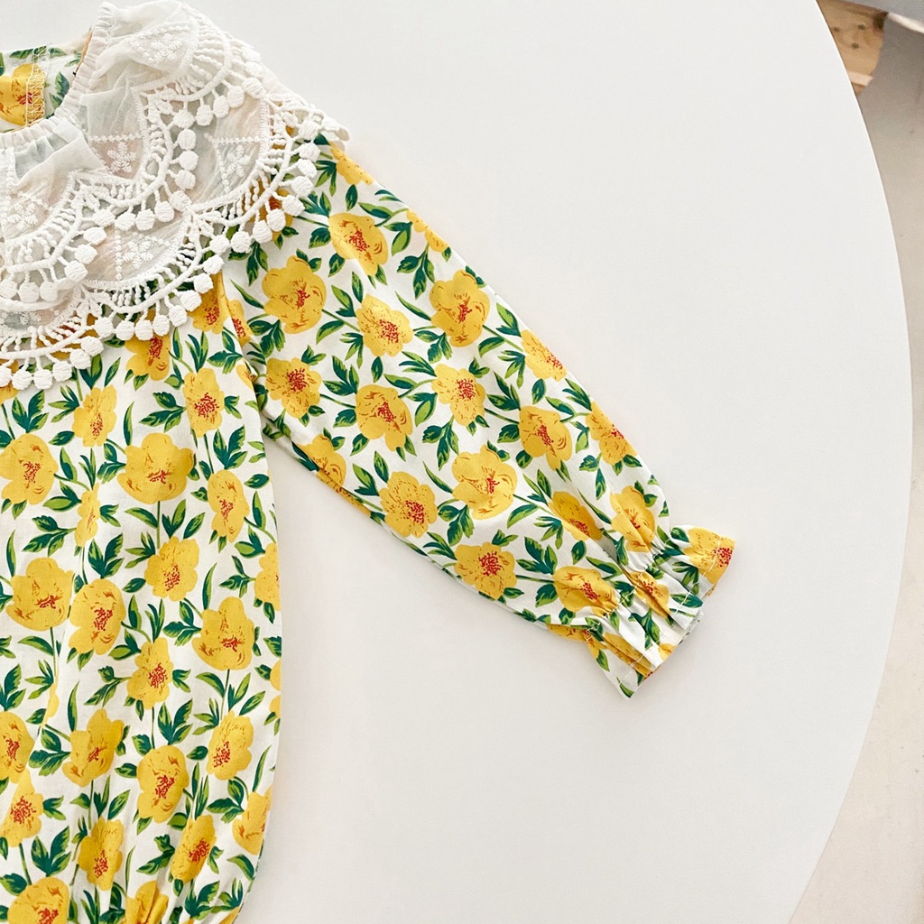 Bộ áo liền quần SANLUTOZ tay dài chất cotton phối ren hoa kèm băng đô cài tóc thời trang mùa