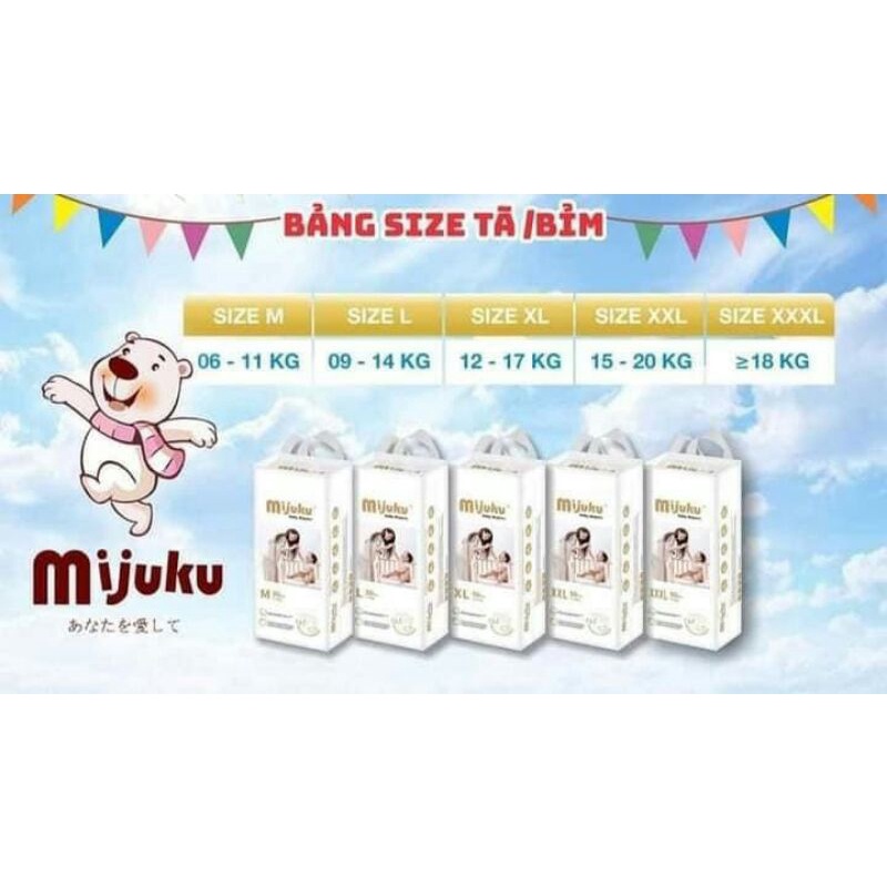 Bỉm mijuku dán quần mềm mỏng cho bé 50 miếng 100 miếng size s m l xl xxl xxxl KIDAMO