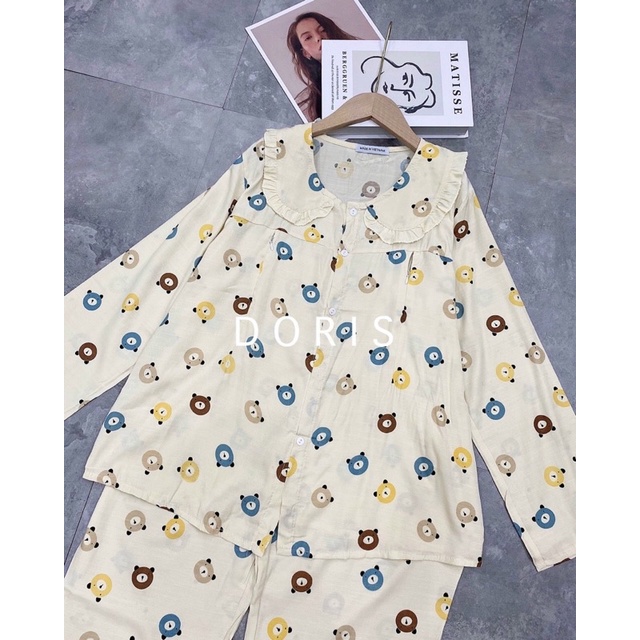 Bộ bầu Pyjama B068 cổ sen  chất đũi lạnh cho con bú khoá kéo ngực tiện lợi mặc đến sau sinh.