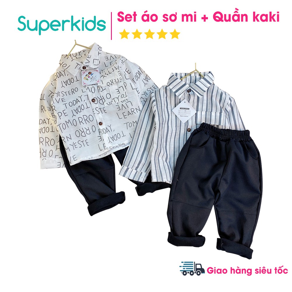 Set áo sơ mi đũi, quần kaki dài cho bé 8-22kg QATE582